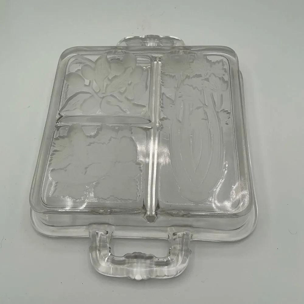 MCM Intaglio 1940's Vintage Clear & Frosted Glass Serving Divided Tray Handles